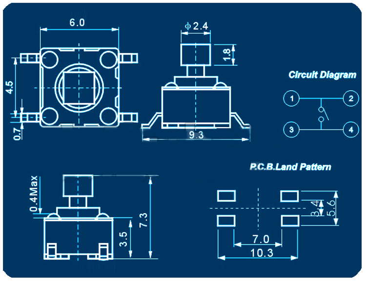 方頭輕觸開關,貼片式,尺寸
