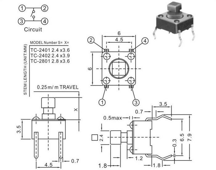 方頭輕觸開關,插板式,尺寸