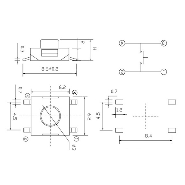 輕觸開關 6.2x6.2mm 4.3(H)红頭五腳貼片 尺寸圖