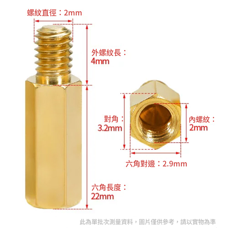 M2 六角黃銅公母銅柱規格示意圖：螺紋直徑 2mm、外螺紋長 4mm、六角對邊 2.9mm、對角 3.2mm、內螺紋 M2