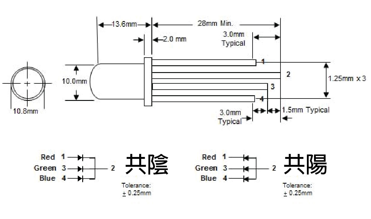 10mm RGB LED 霧面 共陽 共陰 尺寸圖