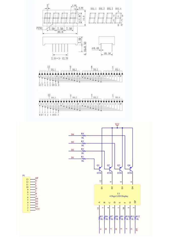 0.36吋4位七段顯示器模組-紅光(共陽)電路圖