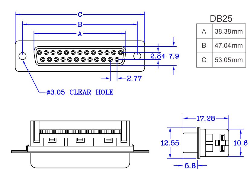 D型接頭,壓排式,25P,公頭,母座,尺寸規格