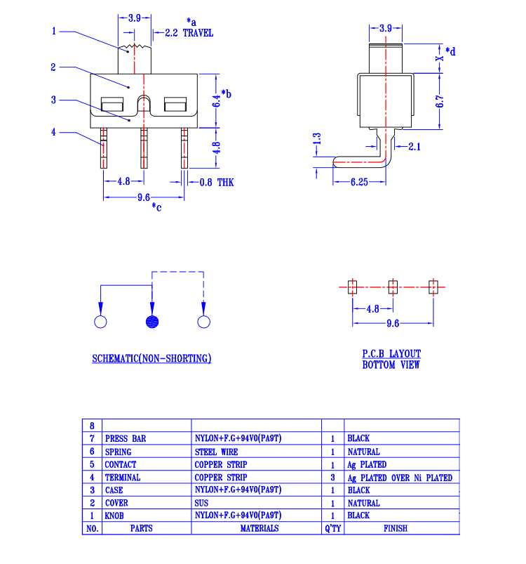 3P2檔 滑動開關 彎腳 柄長5mm 3腳 SS12D06 撥動開關 90度