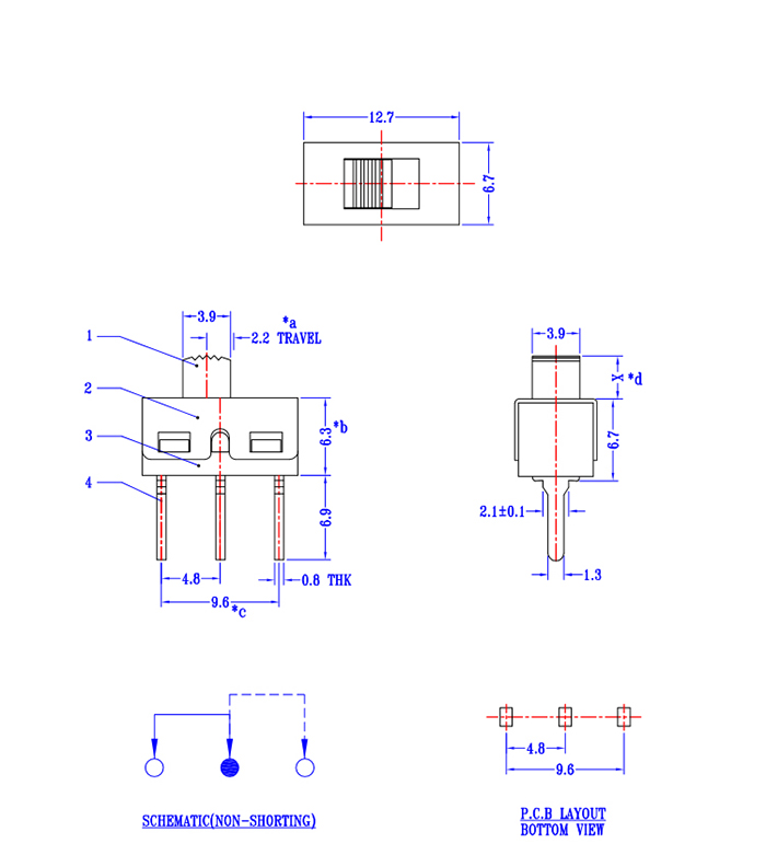 3P2檔 滑動開關 直腳 柄長5mm