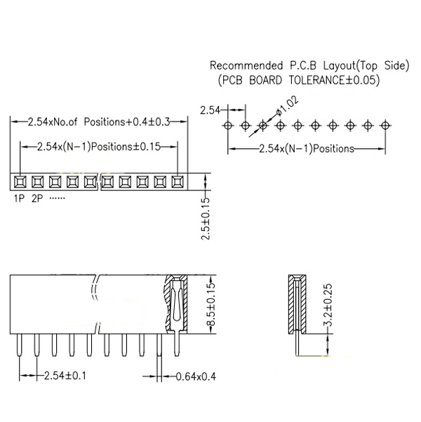 單排平面母座,2.54mm,尺寸規格