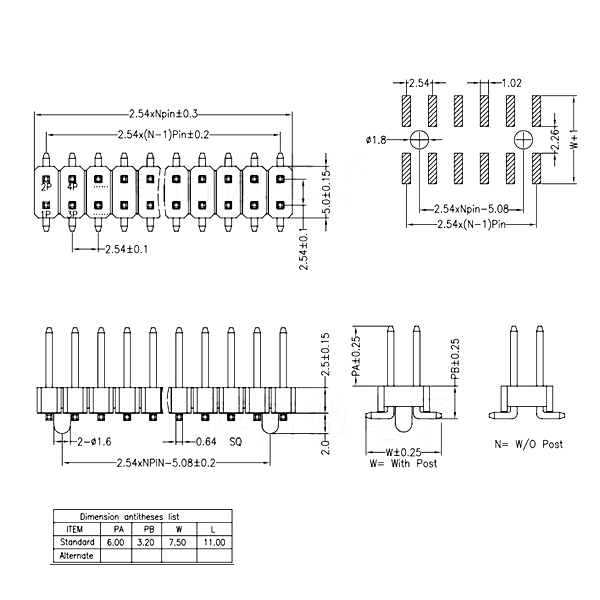 10mm,貼片式雙排針,尺寸規格