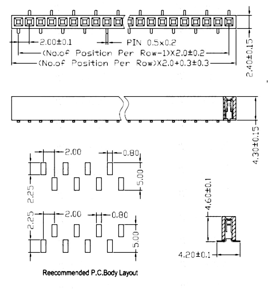 1x40 錯位單排平面母座 2.0mm