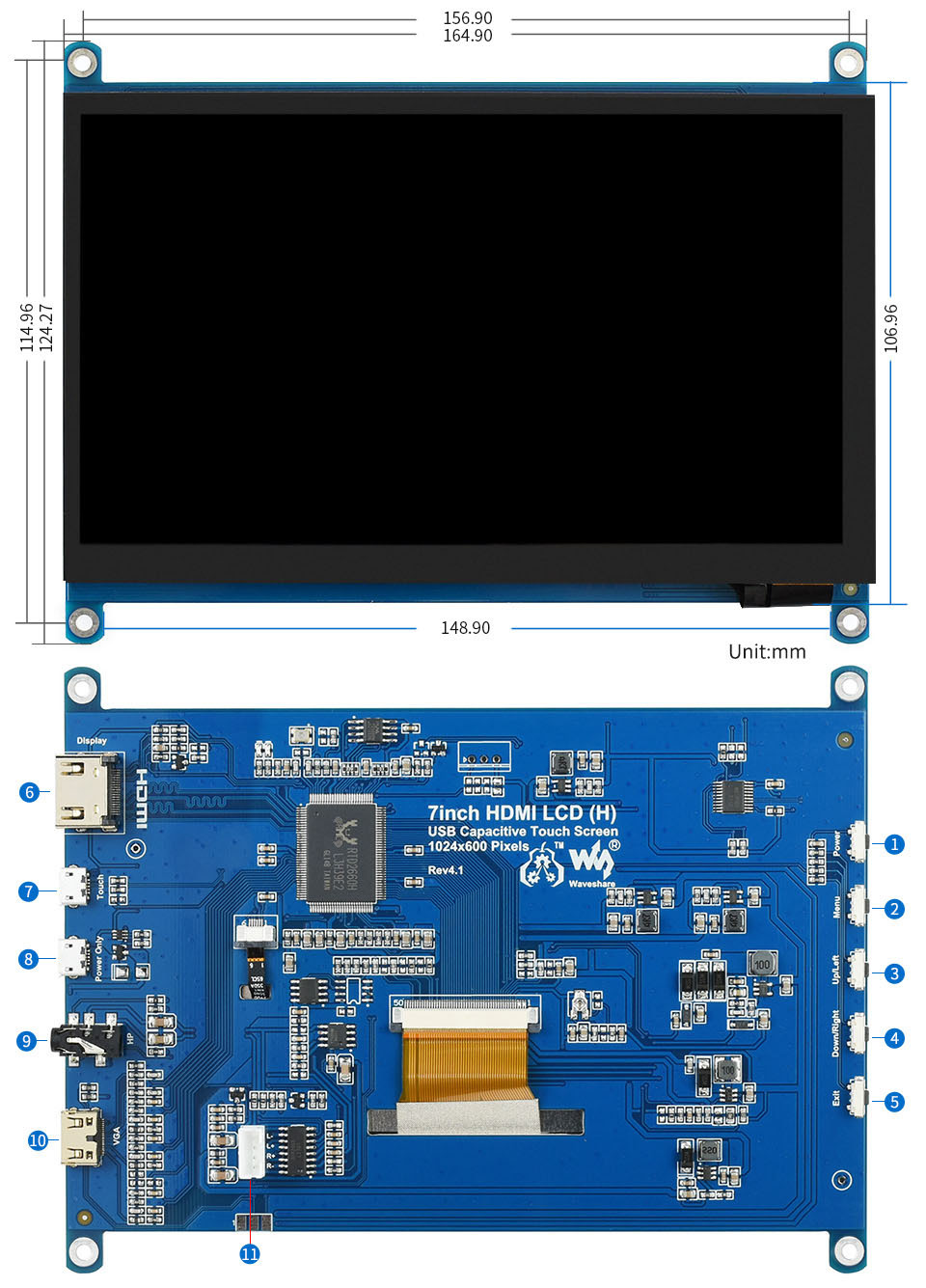 7吋 HDMI LCD(B) 1024x600 電容式觸控螢幕 尺寸圖