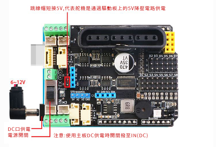 只通過Uno的DC（7~12V）頭單一電源給Uno主板，驅動板，舵機同時供電