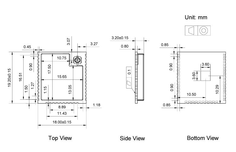 ESP32-WROOM-32U 模組規格圖