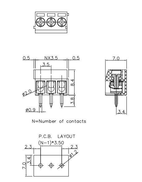 3.5mm,螺絲端子座,3P,尺寸規格