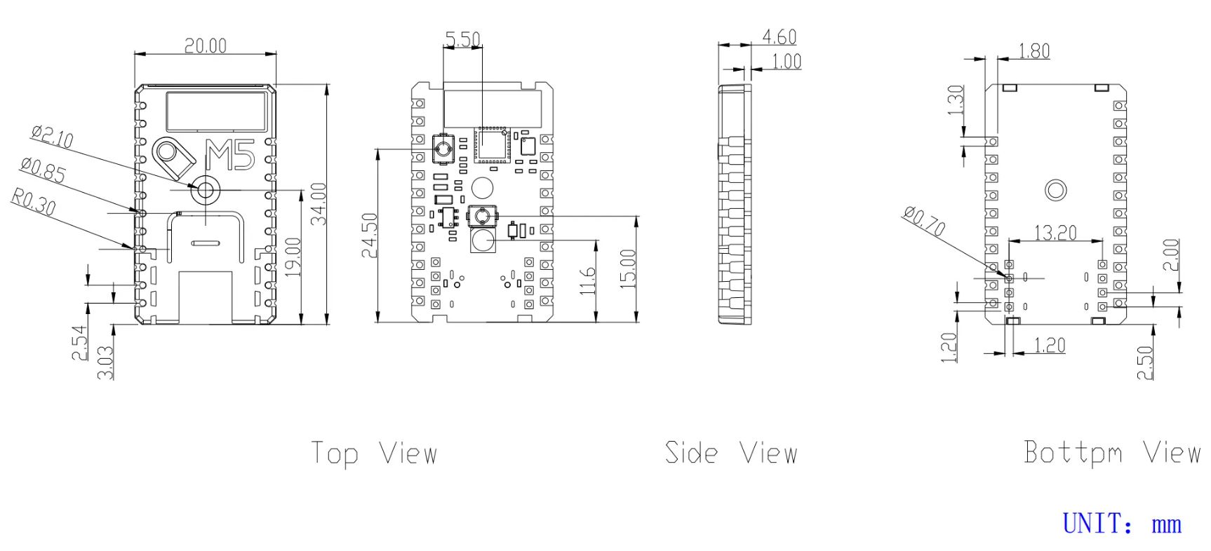 M5Stamp C3 Mate with Pin Headers-K056 尺寸圖