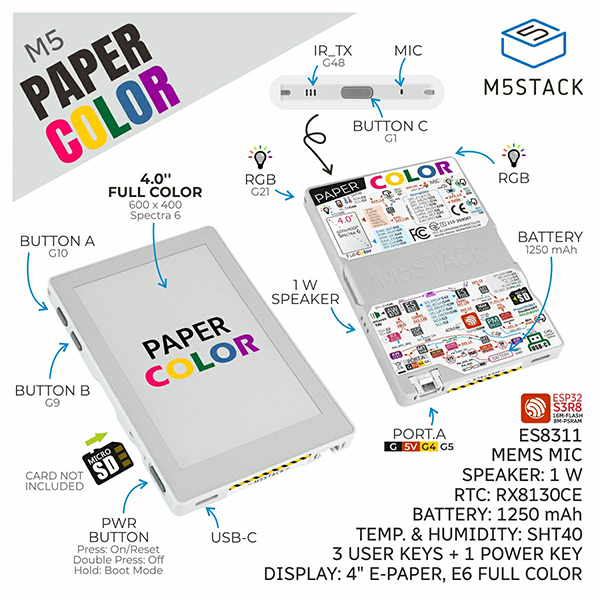 M5Stack PaperColor 功能配置：4 吋全彩電子紙、按鍵、喇叭、麥克風、紅外線、RGB LED、USB-C、microSD