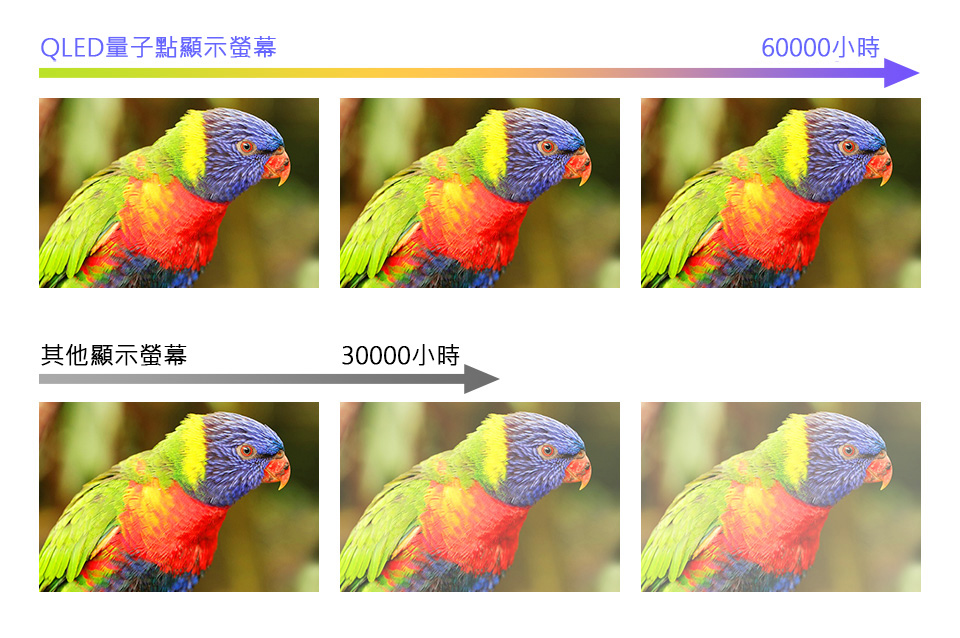 QLED 由於其無機物的材料特性,色彩壽命可達 60000 小時不褪色