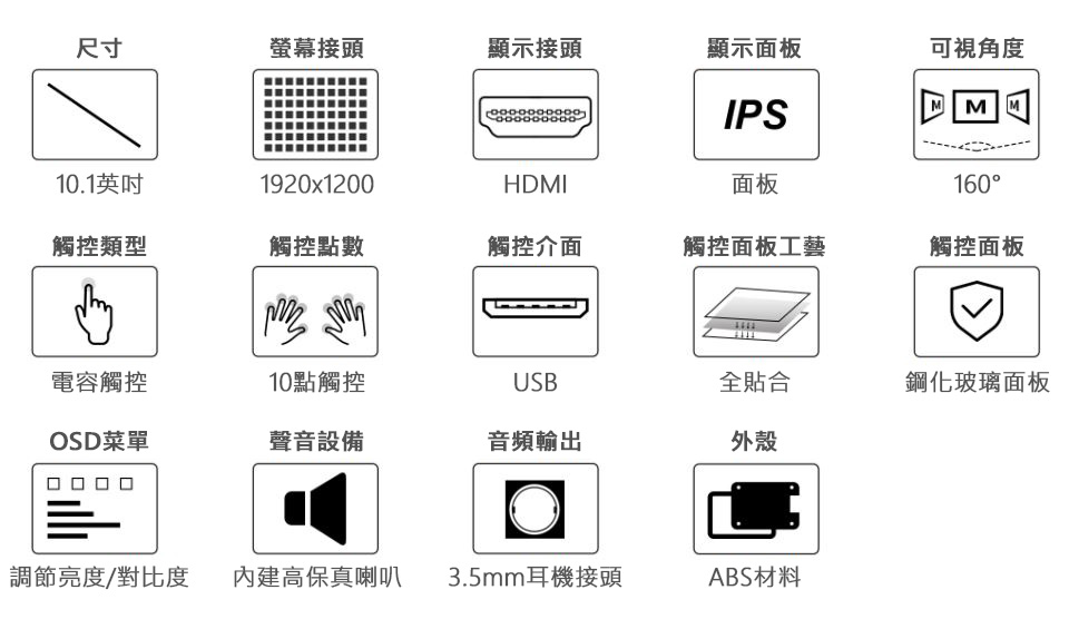 10.1吋 IPS電容式觸控LCD螢幕 1920×1200 (帶外殼) 商品特色