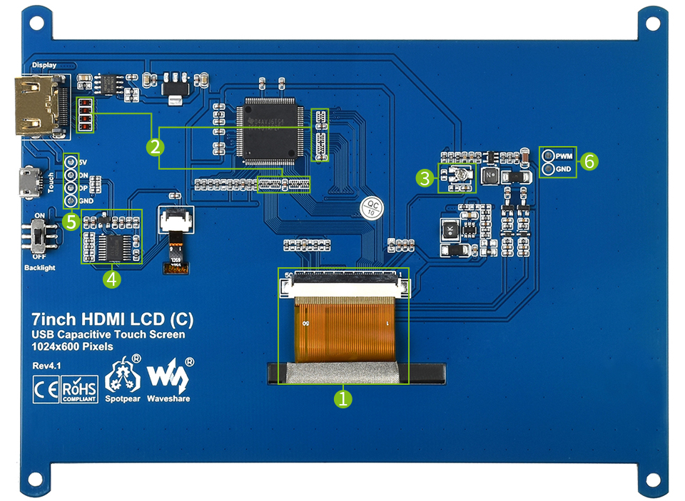 7吋 IPS電容式觸控LCD螢幕C版 1024×600 功能說明