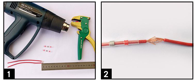 準備好熱風槍、剝線鉗、導線、HP-SST，準備好對接端子，錫環穿到其中一根導線上，剝線處岔開