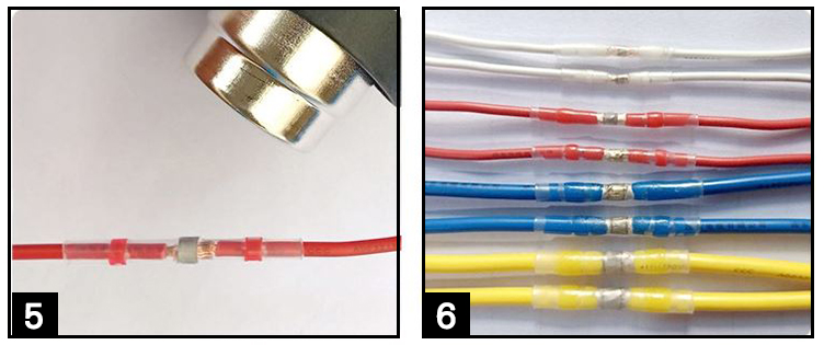 熱風槍加熱，建議操作溫度400 °C，先加熱錫環處，加熱時不停旋轉導線，直至錫環完全融化，再加熱兩端膠環和熱縮管，直至完全收縮