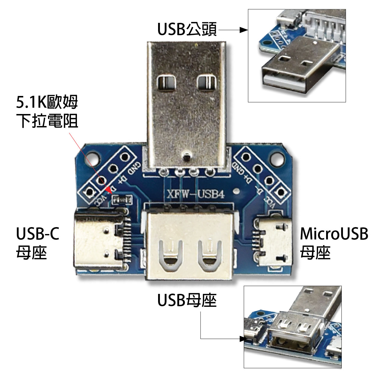 USB轉接板 公頭轉母頭轉 microUSB轉header/Type-C 4P 2.54mm直插